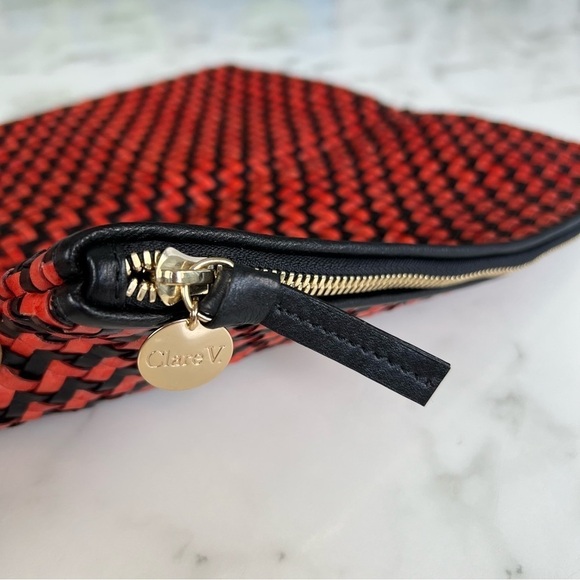 Clare V. Handwoven Leather Flat Clutch Red Black Checkered Herringbone